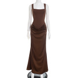 EVE Solid Color Sling Square Neck Maxi Dress GSZM-D25DS511
