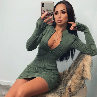 EVE Fitted Ribbed Zipper Long-Sleeve Mini Dress GZJF-1177