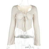 EVE V Neck Drawstring Flare Sleeve Short Tops GZJF-2582