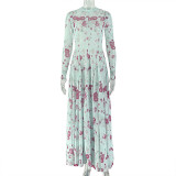 EVE Ruched Print Long Sleeve Maxi Dress GJYO-303706
