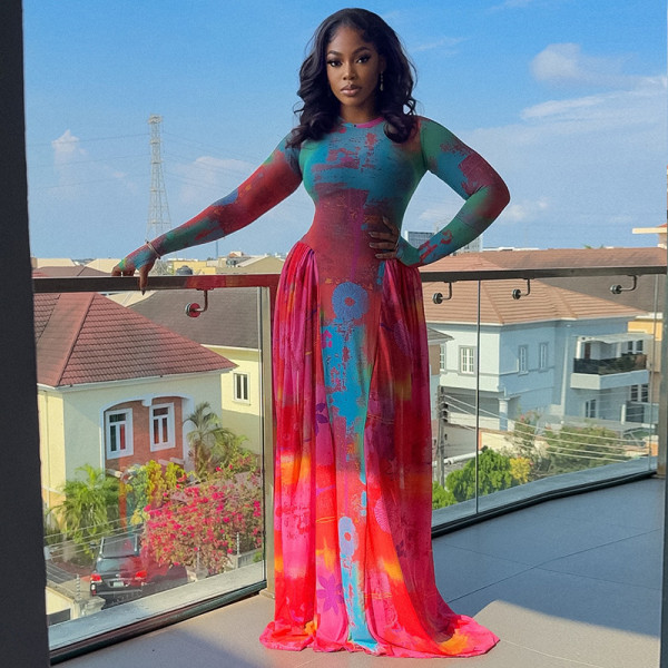 EVE Long Sleeve Print Ruched Maxi Dress GJYO-303717
