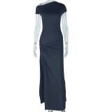 EVE Solid Color Short Sleeve Irregular Long Dress GJYO-301913