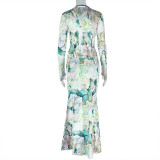 EVE Ruched Print Long Sleeve Two Piece Skirts Set GJYO-711750