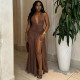EVE Halterneck Deep V Neck Solid Color Maxi Dress GJYO-300950