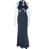 EVE 3D Flower Halterneck Solid Color Maxi Dress GJYO-301730