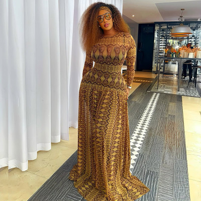 EVE Print O Neck Long Sleeve Maxi Dress GJYO-303226