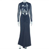 EVE Solid Color Ruched Mesh Maxi Dress GJYO-302259
