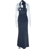 EVE 3D Flower Halterneck Solid Color Maxi Dress GJYO-301730