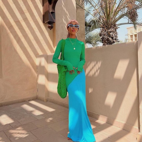 EVE Color Block Long Sleeve Slim Maxi Dress GAXB-A397DS