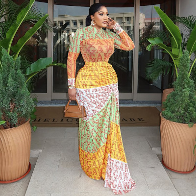 EVE Letter Print Long Sleeve Patchwork Maxi Dress GJYO-303082