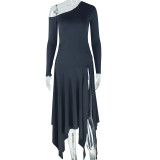 EVE Slash Shoulder Solid Color Irregular Dress GJYO-302302