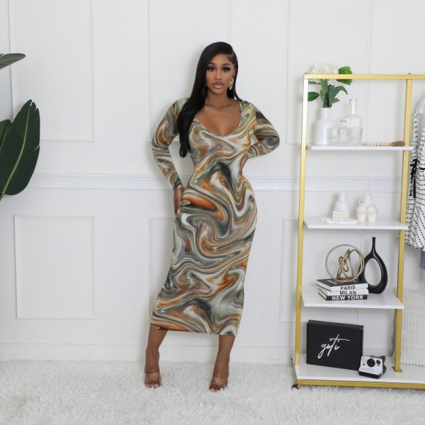 EVE U Neck Print Long Sleeve Maxi Dress GAXB-A622DS