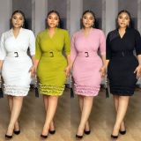 EVE V Neck Pleated Ruffles Midi Dress GMYU-10229