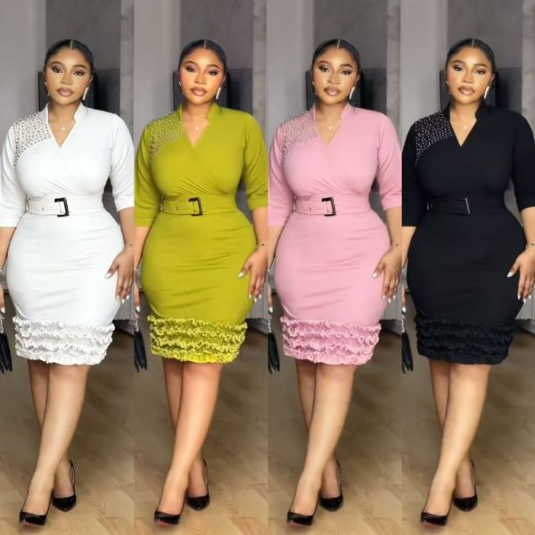 EVE V Neck Pleated Ruffles Midi Dress GMYU-10229
