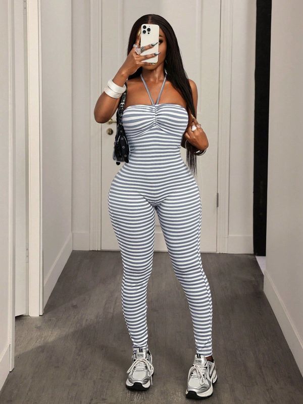 EVE Backless Stripe Halterneck Jumpsuit GHYX-5256