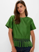 EVE Solid Color Short Sleeve Tassel T Shirt GJMF-97821#