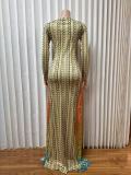 EVE Patchwork Print Pleated Split Maxi Dress GMYU-11140