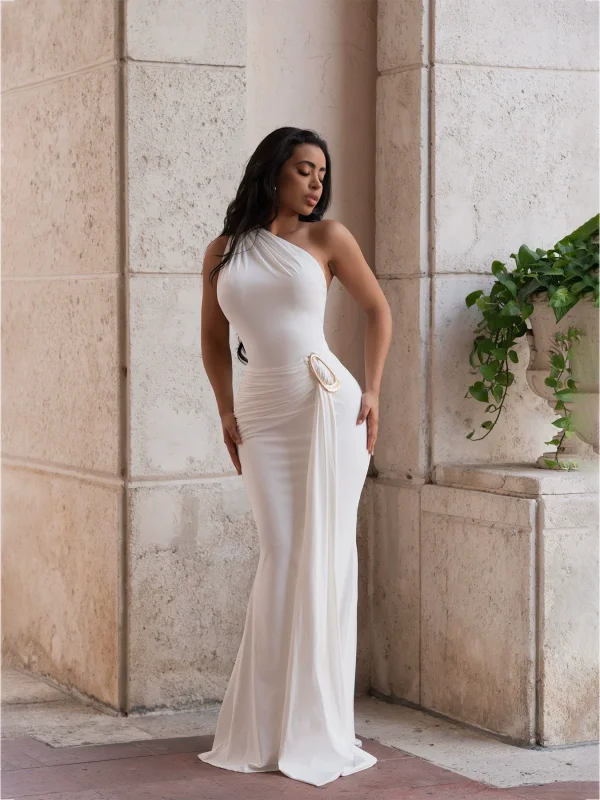 EVE Slash Shoulder Backless Pleated Maxi Dress SFY-834