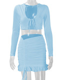 EVE Ruffles Tie Up Tops Drawstring Skirt Two Piece Set YMYF-0905