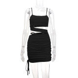 EVE Solid Color Sling Hollow Out Ruched Mini Dress YMYF-9262