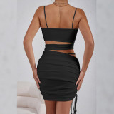 EVE Solid Color Sling Hollow Out Ruched Mini Dress YMYF-9262