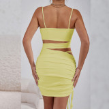 EVE Solid Color Sling Hollow Out Ruched Mini Dress YMYF-9262