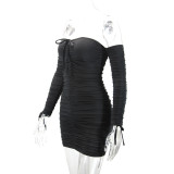EVE Off Shoulder Long Sleeve Pleated Mini Dress YMYF-0902