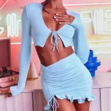 EVE Ruffles Tie Up Tops Drawstring Skirt Two Piece Set YMYF-0905