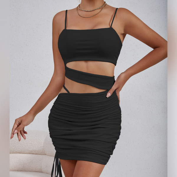 EVE Solid Color Sling Hollow Out Ruched Mini Dress YMYF-9262