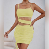 EVE Solid Color Sling Hollow Out Ruched Mini Dress YMYF-9262