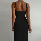 EVE Solid Color Chain Sling Split Maxi Dress GZJF-7854