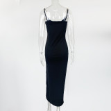 EVE Solid Color Chain Sling Split Maxi Dress GZJF-7854