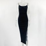 EVE Solid Color Chain Sling Split Maxi Dress GZJF-7854