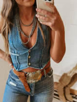 EVE Sleeveless Single Breasted V-neck Denim Vest GYAN-9096