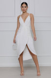 EVE Solid Color Sling V Neck Midi Dress XHXF-257