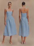 EVE Solid Color Sleeveless Denim Sling Midi Dress GYAN-8906