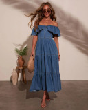 EVE Off Shoulder Ruffles Denim Maxi Dress GYAN-89112