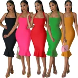 EVE Solid Color Halterneck Casual Midi Dress XHXF-357