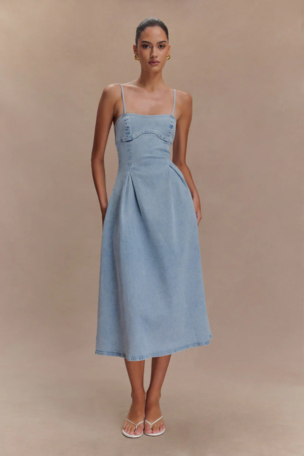 EVE Solid Color Sleeveless Denim Sling Midi Dress GYAN-8906