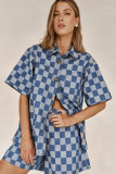 EVE Plaid Print Short Sleeve Denim Two Piece Shorts Set GYAN-16883