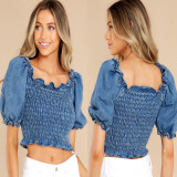 EVE Solid Color Denim Short Sleeve Crop Top GYAN-22883