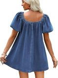 EVE Square Puff-sleeve Tie Denim Mini Dress GYAN-13955