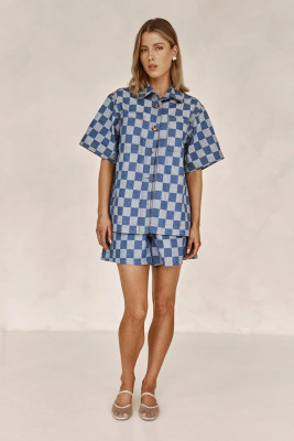 EVE Plaid Print Short Sleeve Denim Two Piece Shorts Set GYAN-16883
