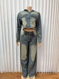 EVE Fashion Long Sleeve Hooded Denim Two Piece Pants Set GADE-6722