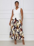 EVE Solid Color Sleeveless Vest Print Pleated Long Skrits Suit GYLY-10928