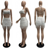 EVE Solid Color Knits Tassel Hollow Out Skirts Suit CM-9560