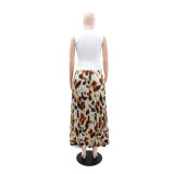 EVE Solid Color Sleeveless Vest Print Pleated Long Skrits Suit GYLY-10928