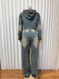 EVE Fashion Long Sleeve Hooded Denim Two Piece Pants Set GADE-6722