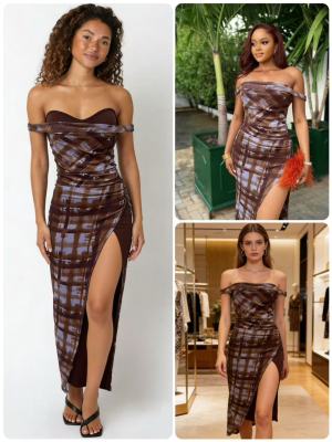 EVE Plaid Print Off Shoudler Split Long Dress GADE-11206