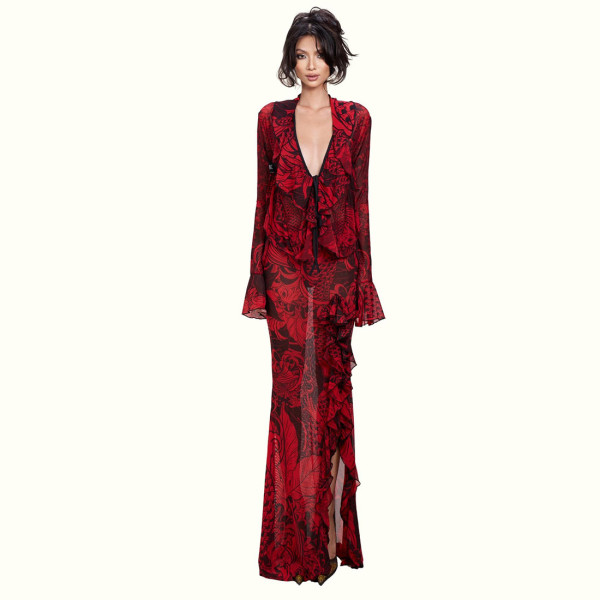 EVE Deep V Neck Flare Sleeve Two Piece Skirts Set DLSF-K6S00276A